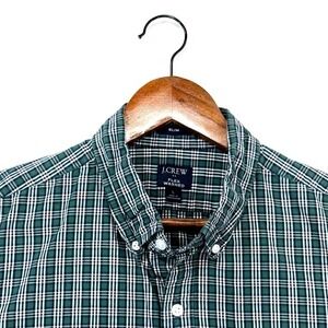 J Crew Shirt Mens Large Navy/Green Plaid Button Down Slim Fit Cotton Flex Washed
